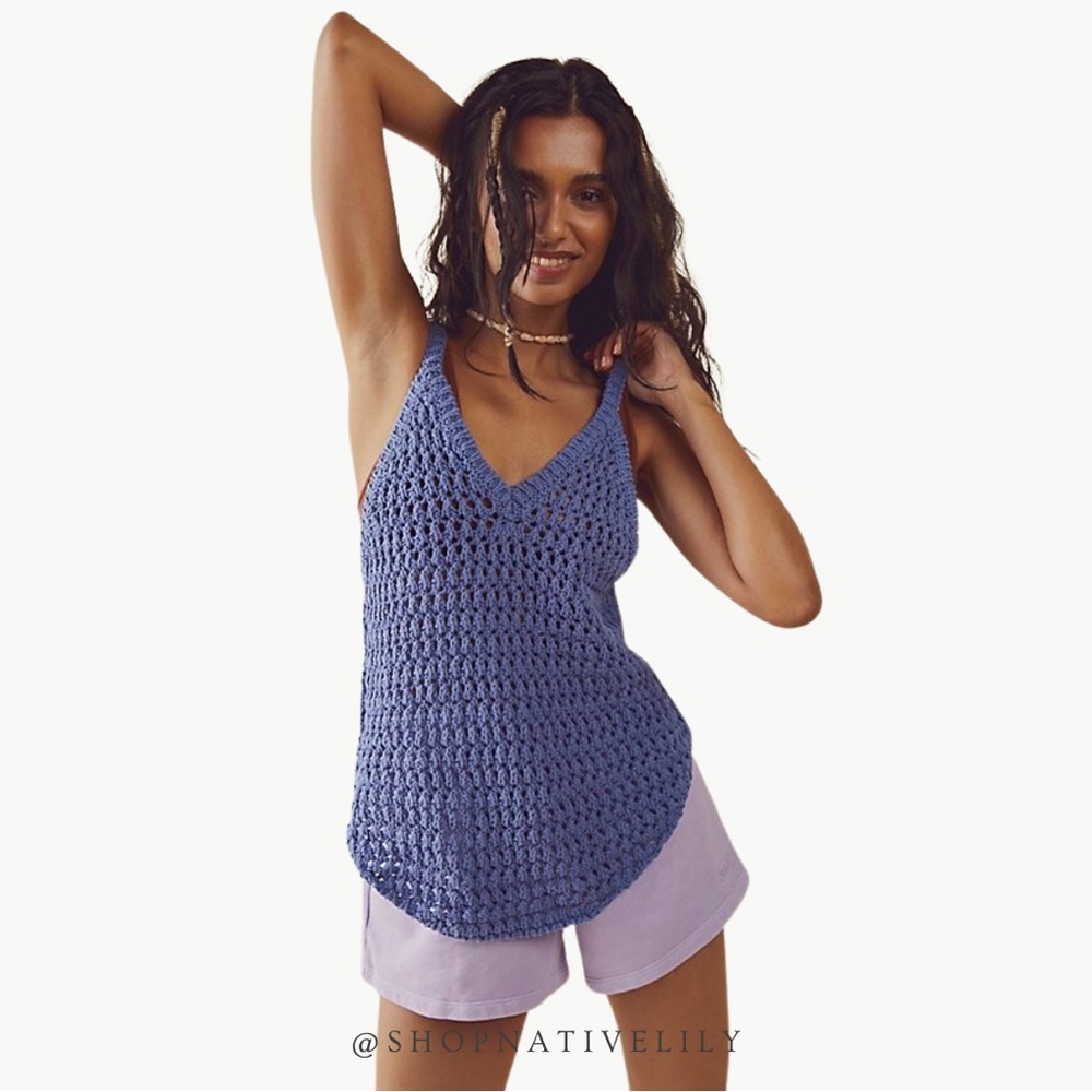Free People Blue Crochet Tank Top
